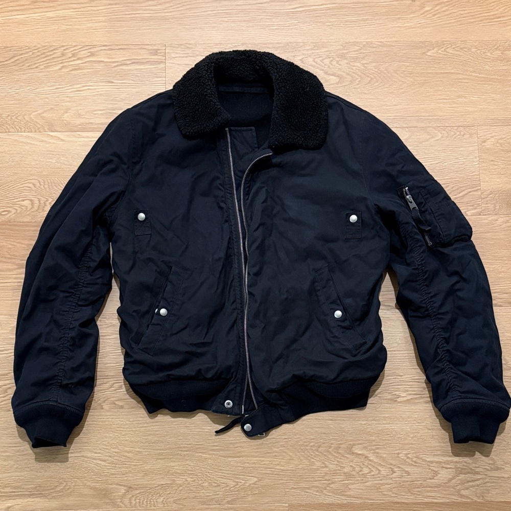 AllSaints Faro Black Bomber Jacket with Shearling Collar Size S